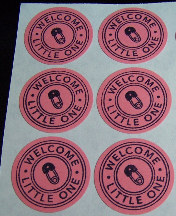 Baby Girl Stickers 1 1/4 Inch Handmade, Pink with Diaper Pin, Welcome Little One Il_570xn