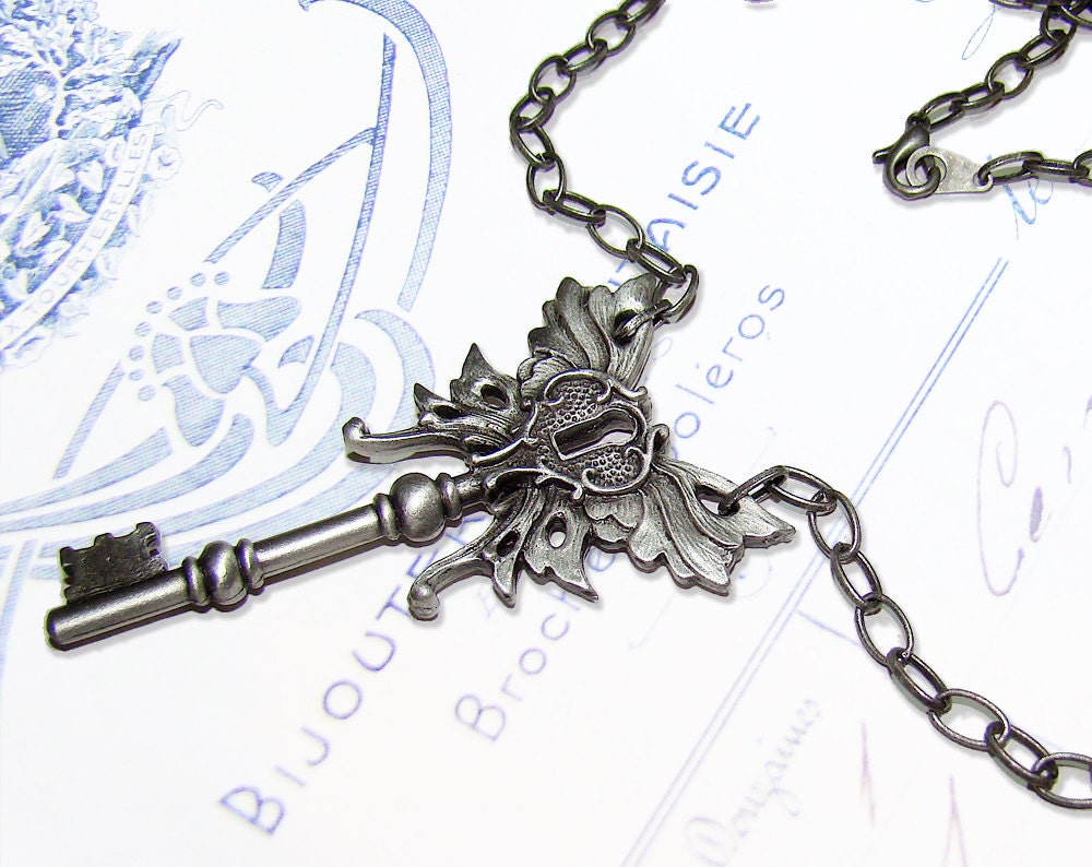 Art Nouveau necklace with winged skeleton key antiqued pewter
