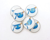 6 SMALL Blue Bird Buttons. Handmade Buttons.  Sewing, knitting or needlecraft buttons.