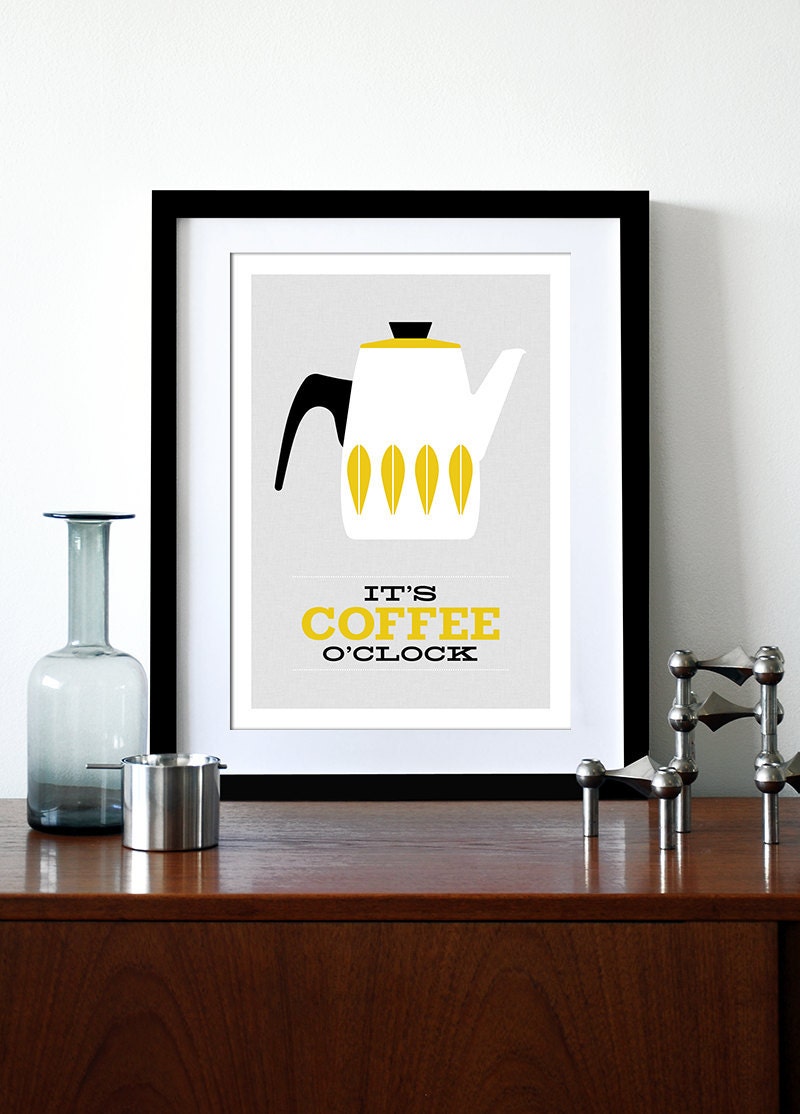 Cathrineholm poster print - It's Coffee O'clock - A3 print - Yellow on grey gray background- Cathrineholm Mid Century Modern home kitchen