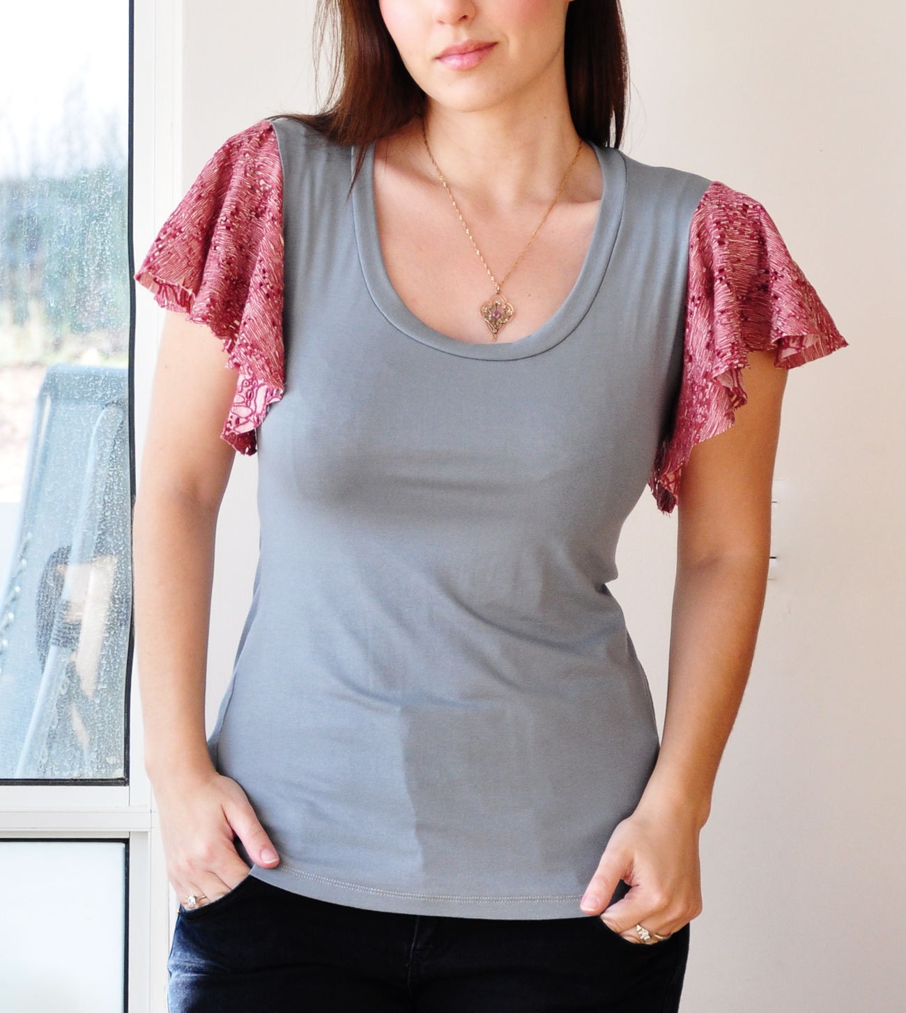 Summer Blouse Ruffled Sleeve Top, Womens Shirt, Grey/Pink XS-XL or CUSTOM (65 usd)