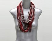 Red Circle Scarf w Black - Infinity Scarf Jersey Cotton Loop Scarf Boho Chic Organic Summer Scarf Womens Mens Necklace Fabric Jewelry Tribal
