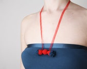crochet bead bow tie candy necklace in red and navy blue - handmade necklace, choker, nautical style