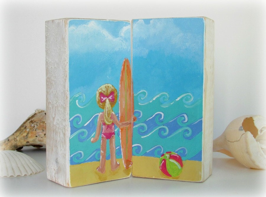 Beach nursery decor, surfer girl original beach painting, children surf art, wood block diptych by Cathie Carlson