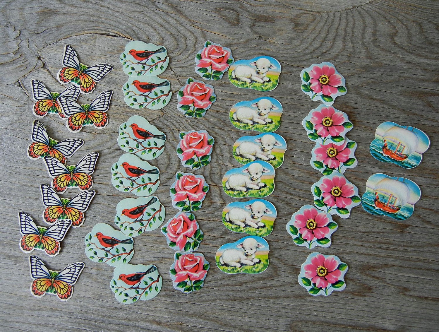 Vintage Dennison Die Cut Seals Labels Stickers Pink Roses Flowers Butterflies 35 pcs
