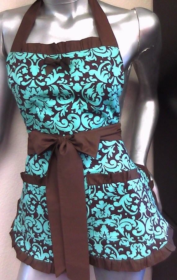 Damask APRON Florentine, Seafoam and Brown Damask APRON