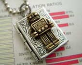 Small Robot Locket Necklace Brass Robot Necklace Silver Book Locket Steampunk Locket Primitive Finish Boy's Necklace