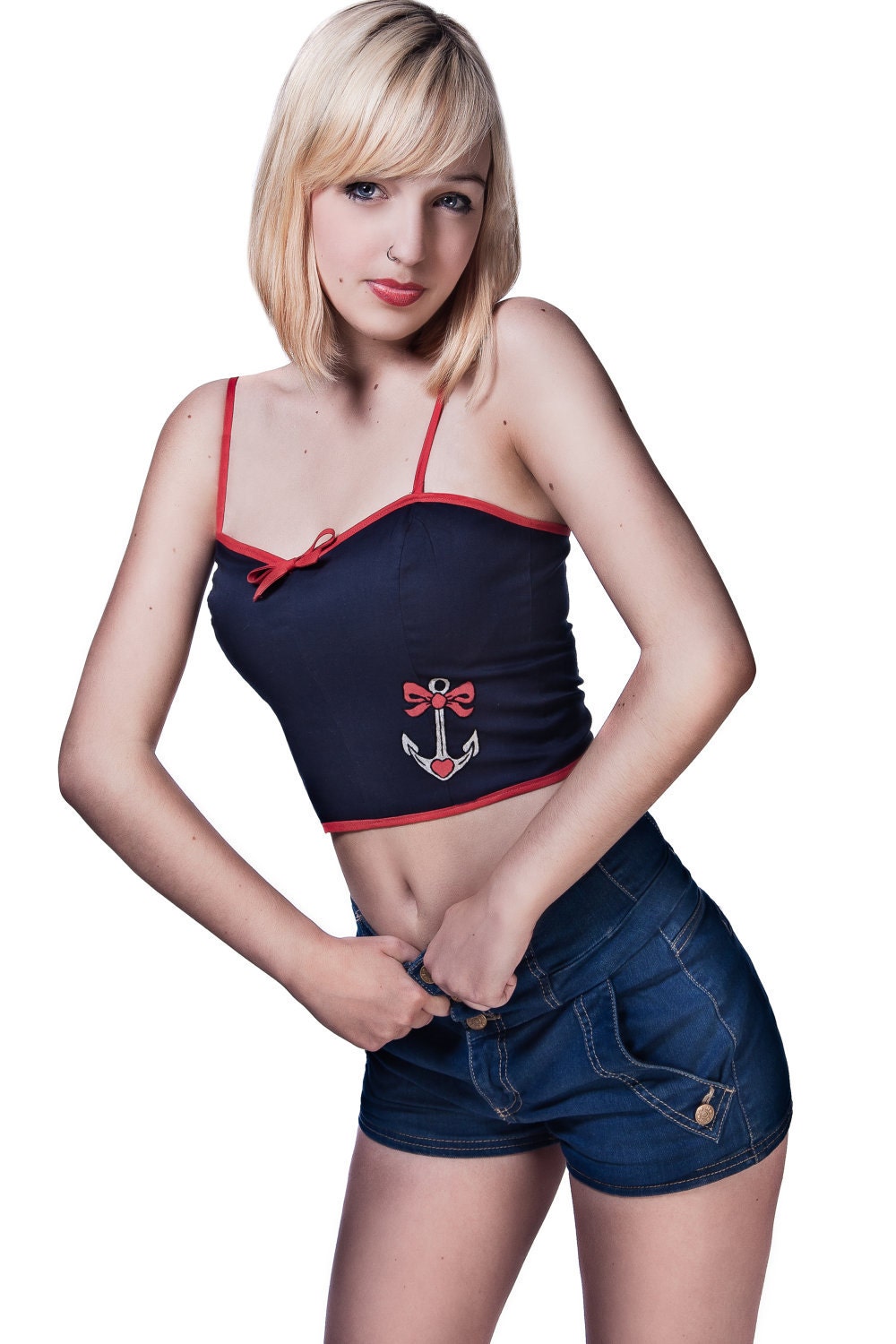 Rockabilly Style Cropped Bustier with Anchor Tattoo in Sizes UK 8- 16/US 4-12 Made to Order