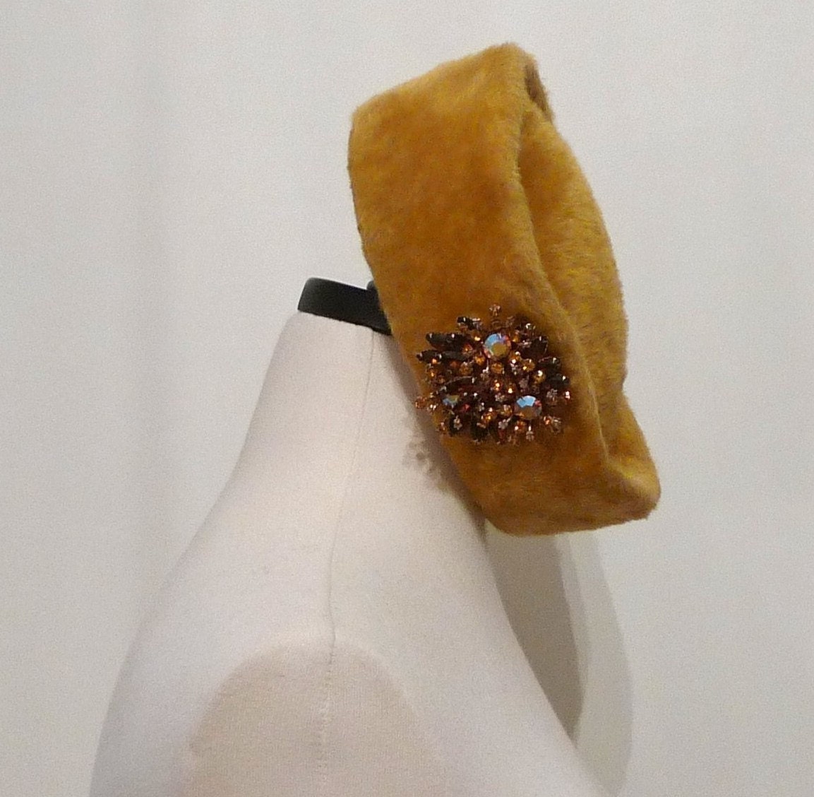 SALE  Mustard Rhinestone Cloche or Pill Box Hat / Austria