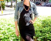Rabbit tshirt dress - eco-friendly white ink screenprint on black cotton  - sizes S, M, L