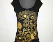 Owls & Jackalopes tshirt  - eco-friendly gold ink screenprint on black cotton scoop neck - womens sizes S, M, L, XL