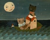 The Owl And The Pussycat - Print, Nursery Art, Cute, Children's Art, Kids Art, Tomato Red, Indigo Blue, Moon, Sea, Pea Green, Nursery Rhyme