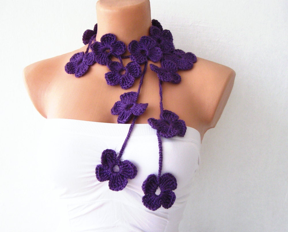 ON SALE Coton Purple Flower Hand Crochet Lariat Scarf Necklace