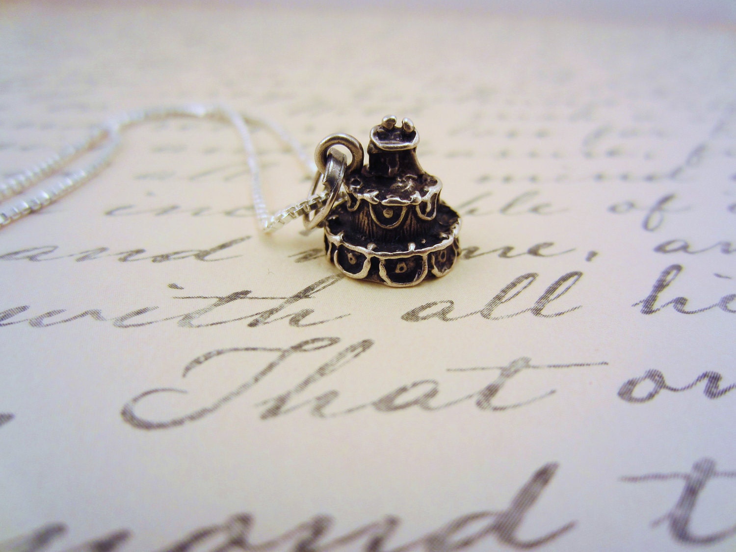 Vintage cake charm necklace. Gift for the bride or baker. Sterling silver jewelry. Wedding cake.  Wedding gift.