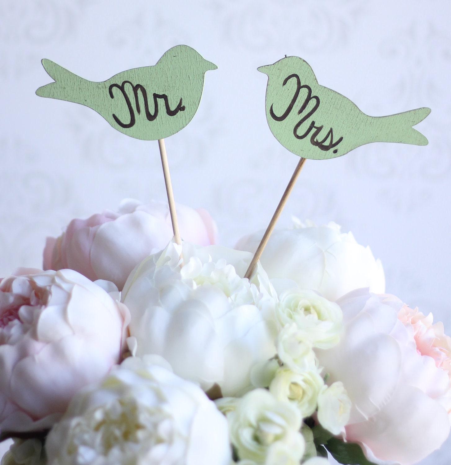Wedding Cake Topper Love Birds Mr. & Mrs. Shabby Chic Decor Rustic Vintage Inspired