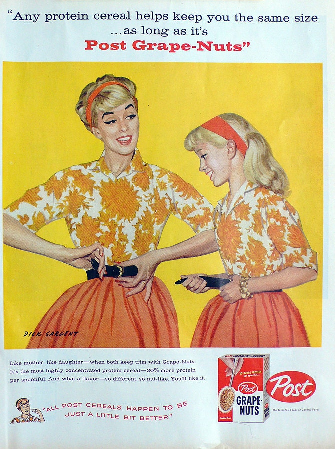 1958 ad Post Grape-Nuts cereal Dick Sargent mother daughter matching outfits Four Roses Whiskey on back - Free U.S. shipping