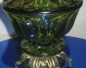 Vintage Green Glass Compote Bowl on Brass Pedestal with Tear Drop Crystals