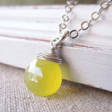 Yellow Chalcedony Necklace Wire Wrapped  Sterling Silver - Lemon Drop