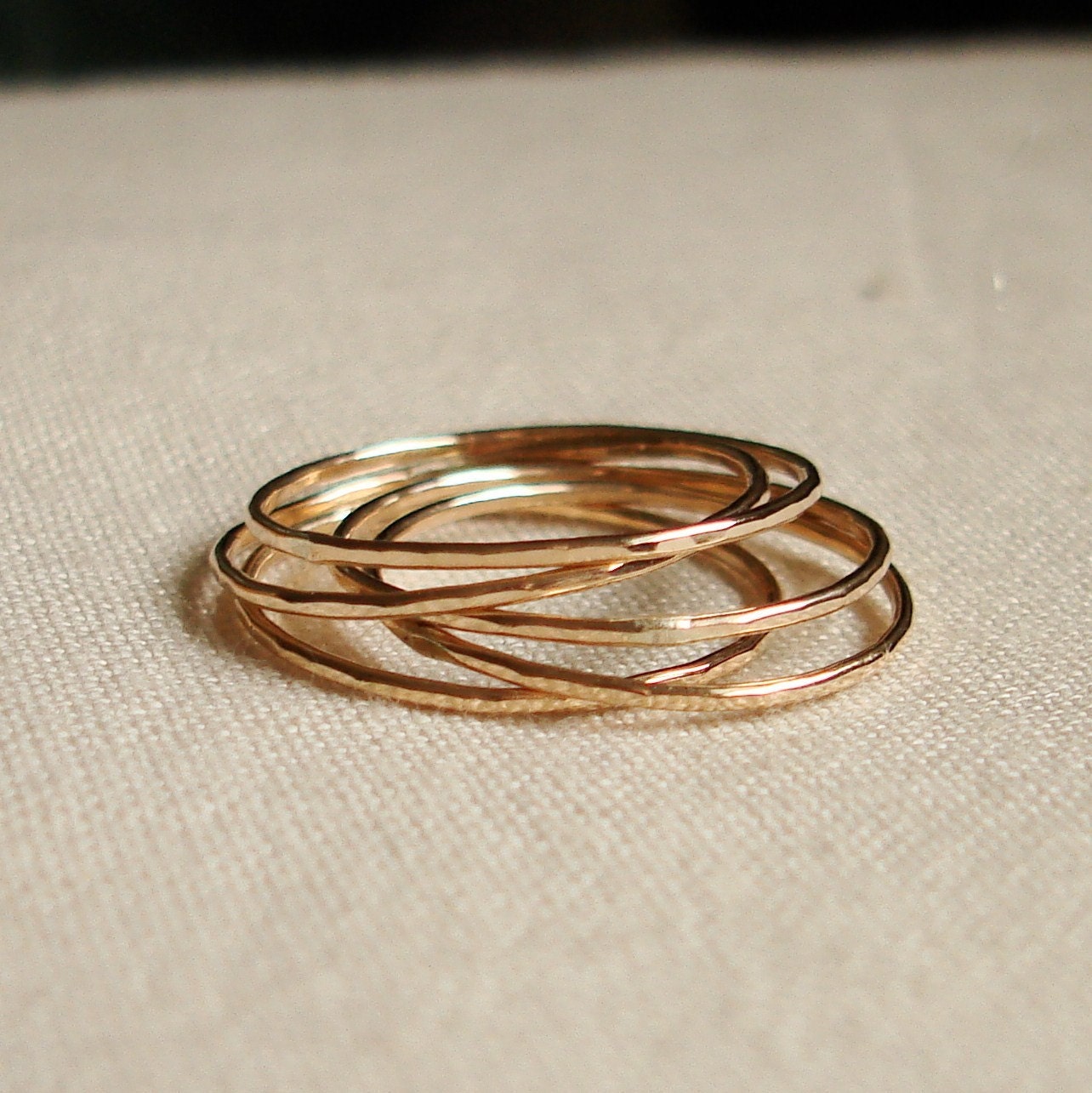Six Golden Rings - Set of Six Threads of Gold - Tiny Hammered Stacking Rings - Delicate Jewelry