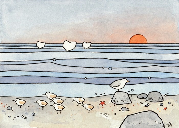 Sandpipers & Whales - Seashore Illustration Print 5x7