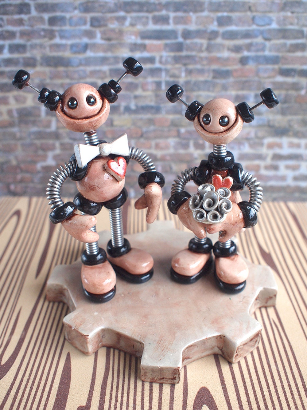 Robot Wedding Cake Topper  MADE TO ORDER Customizable Rustic Big Smiles Bots - Clay, Wire, Paint