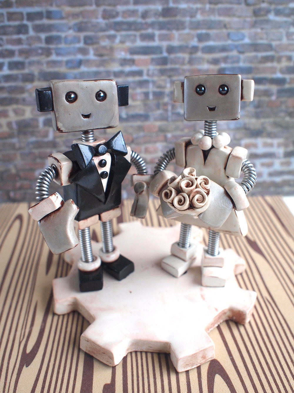Custom Robot Wedding Cake Topper  MADE TO ORDER Rustic Shabby Chic Bots - Clay and Wire
