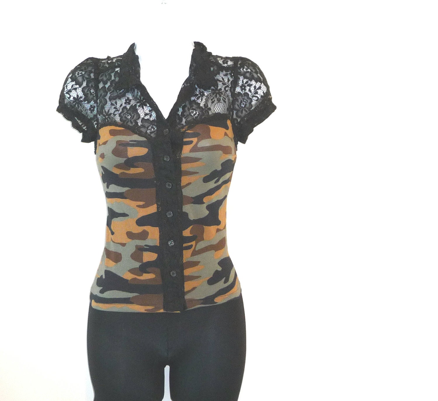 Extra Small - Army - Repurposed - Eco Friendly - Blouse - Corset Style - Black Lace - Button Front - Victorian - Camouflage - Steampunk