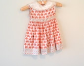 Handmade - 1960s - Dress - Toddler - Original - Elephants - Coral - Salmon - Ivory - Organic Cotton - Whimsical - Classic