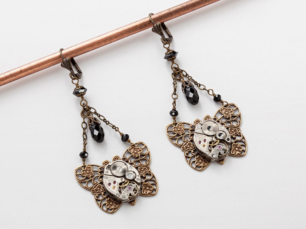 Steampunk Earrings Steampunk jewelry vintage watch movements gears gold butterfly flower filigree Victorian black crystal Drop Earrings 1631