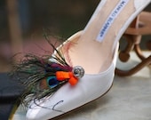 Shoe Clips Double Peacock Feathers & Tangerine Bow. Bride Bridesmaid Maid Honor MOH, Big Day Statement Holiday Party, Eggplant Purple Plum