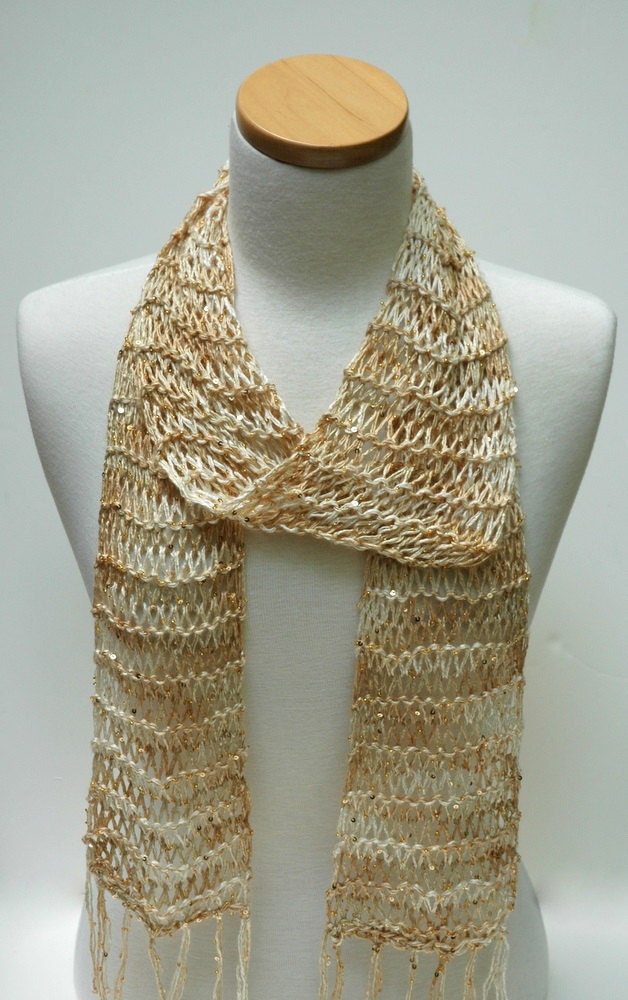 Beaded Silk Scarf-Hand Knit/ Gold/ Wheat/ Cream