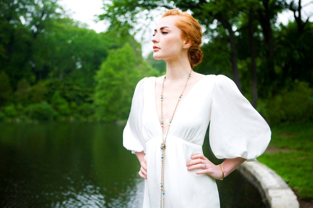 1970's Inspired Deep V neck Gown, "Adele" Bridal Gown, Full 3/4 Sleeves, Column Shape, bohemian wedding dress, minimal, Silk, Customizable