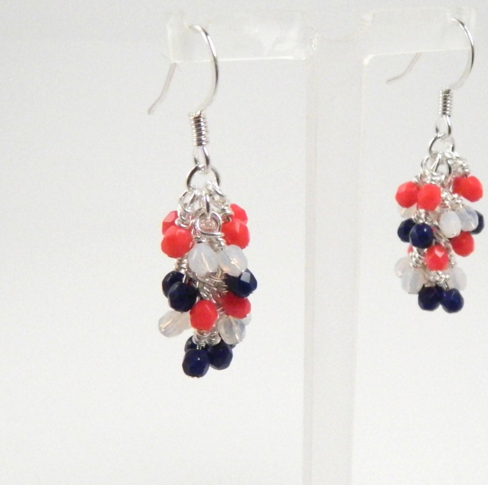 Cascade Dangle Earrings in Red, White & Blue, Patriotic Dangle Earrings with Surgical Steel Ear Wires