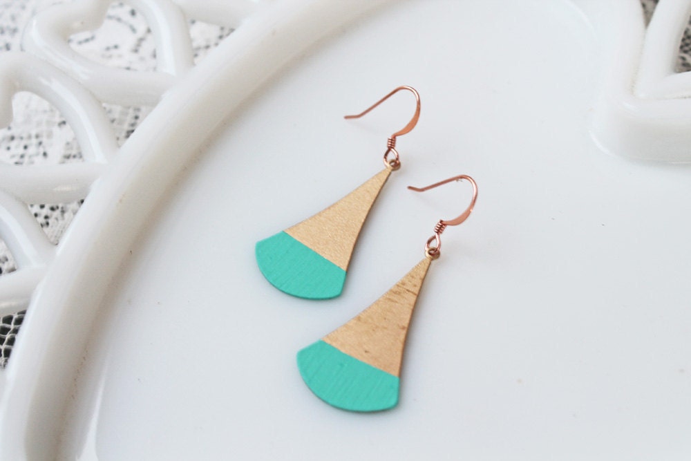 Turquoise Color Dipped Flat Brass Dangle Earrings