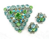 Vintage Brooch Earrings Set Pale Blue & Green Rhinestones Juliana Style Triangle Brooch and Earrings