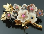 Gold Floral Pin - Vintage flower brooch mother pearl precious stones Signed jewelry Wolfers 1950's