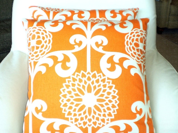 Decorative Pillow Accent Pillows Throw Pillow Cushion Covers Orange Cream Fun Floret Mod Large Floral BOTH SIDES - Pair of Two 16 x 16