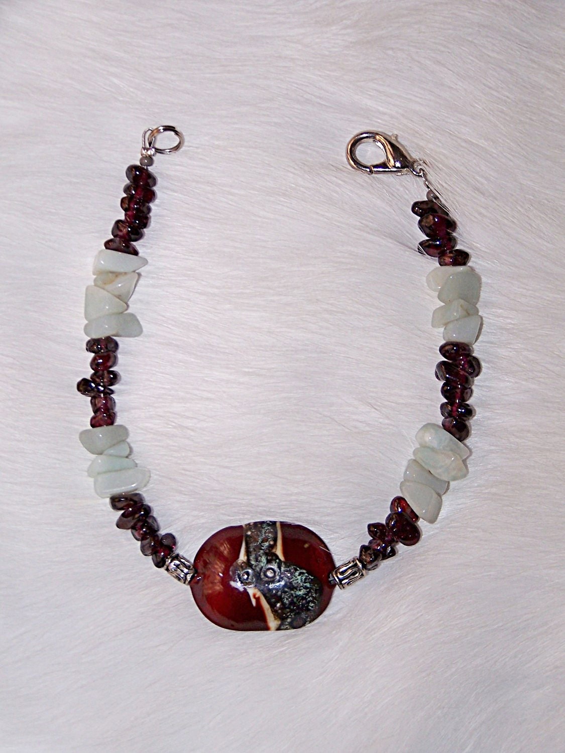 Garnet Beauty Multicolor Bracelet Green Amazonite Silver Large Fired OOAK Burgandy Focal Bead Handmade