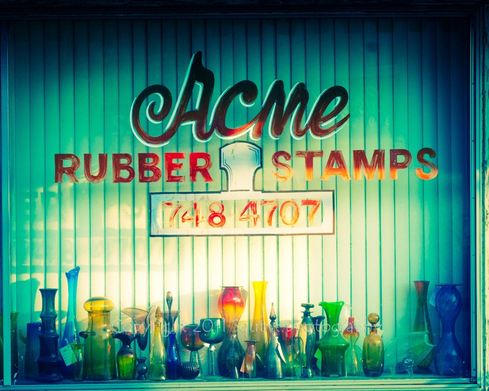 Store Front Photo - Green Glass Window - Rubber Stamps - Vintage Glass Vases - Acme Dallas Texas - 8 x 10 Print Fine Art Photography