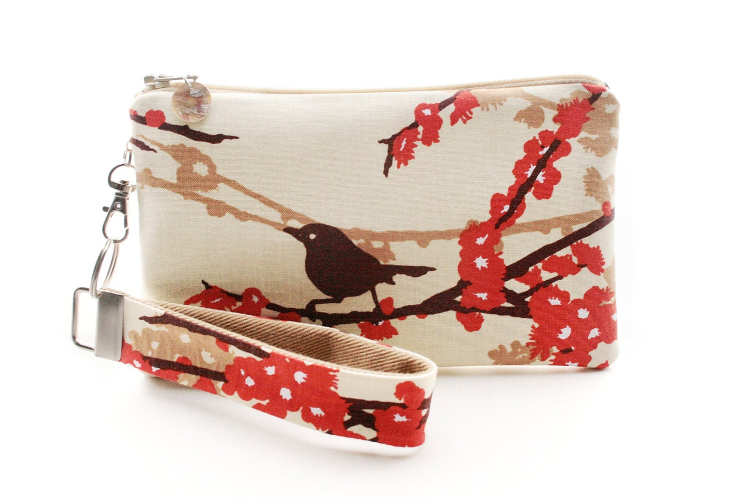 Bird on branch wristlet / clutch / small purse / zipper pouch & detachable key fob gift set for women in red and white