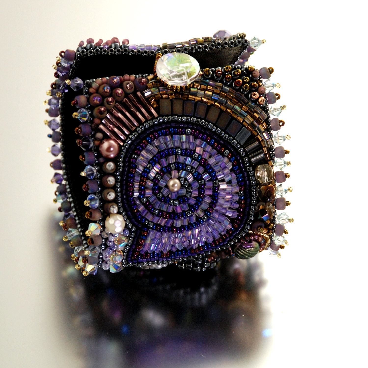 Crystal Ammonite Statement Bracelet Cuff -MADE to ORDER- Chunky Bracelet, Bead Embroidered, Purple Glass, Crystals, Pearls, Leather