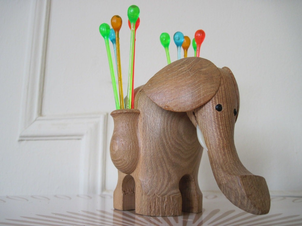 mid century Wooden ELEPHANT Toothpick Holder - 1960s Kitchen Collectible - Wild Animal Figurine - Good Luck