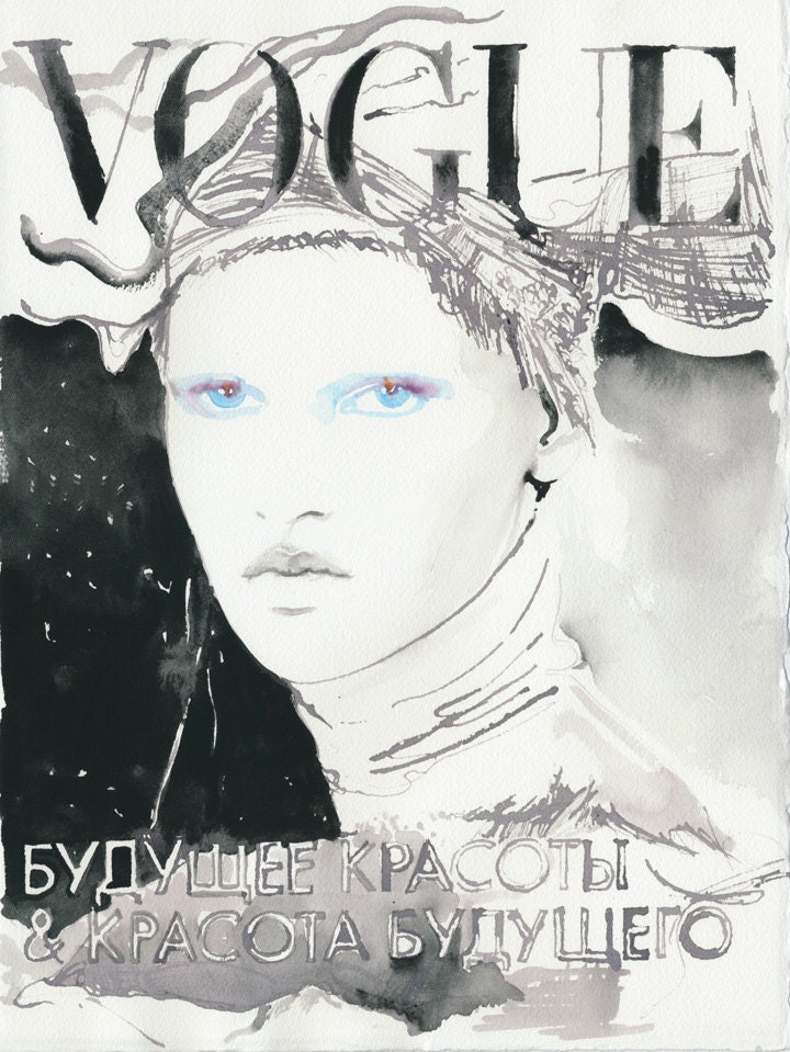 Print of Watercolour Fashion Illustration 8.5" x 11". Titled: Vogue Russia
