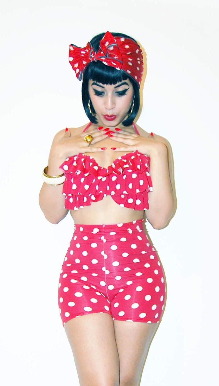 SALE// Ruffled Polka dot high waisted boy shorts bikini set
