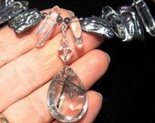 Luxurious Black Peacock Biwa Pearl Necklace. Long Rock Quartz Nuggets. Rutilated Quartz Pendant