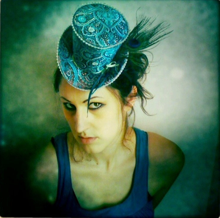 Womens mini top hat, peacock steampunk top hat, holiday party hat, gift hat box, hair piece headband