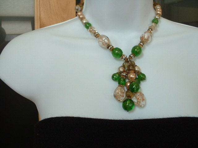 Vintage ITALIAN MURANO Necklace Gold Fleck CRYSTAL Emerald Green Lampwork Glass Bead w Rhinestone Handset Channel Beads