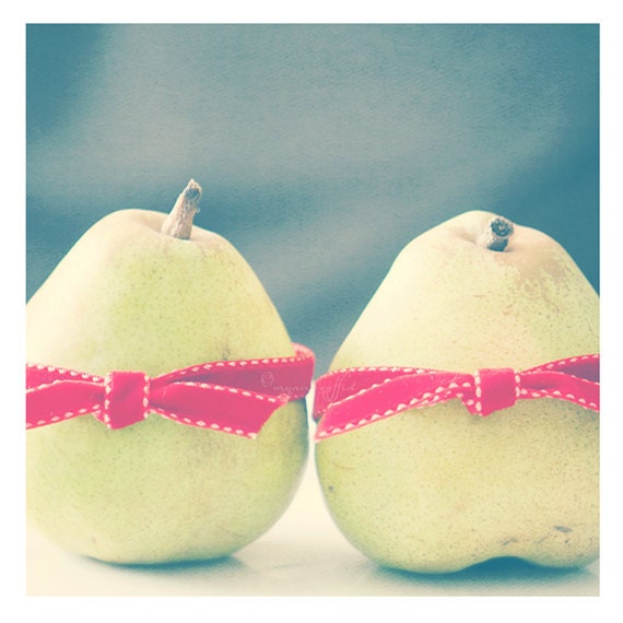 food photography, pear still life, kitchen art, fruit photograph, mint green, nursery decor, red bow, romantic, holiday baking, cook