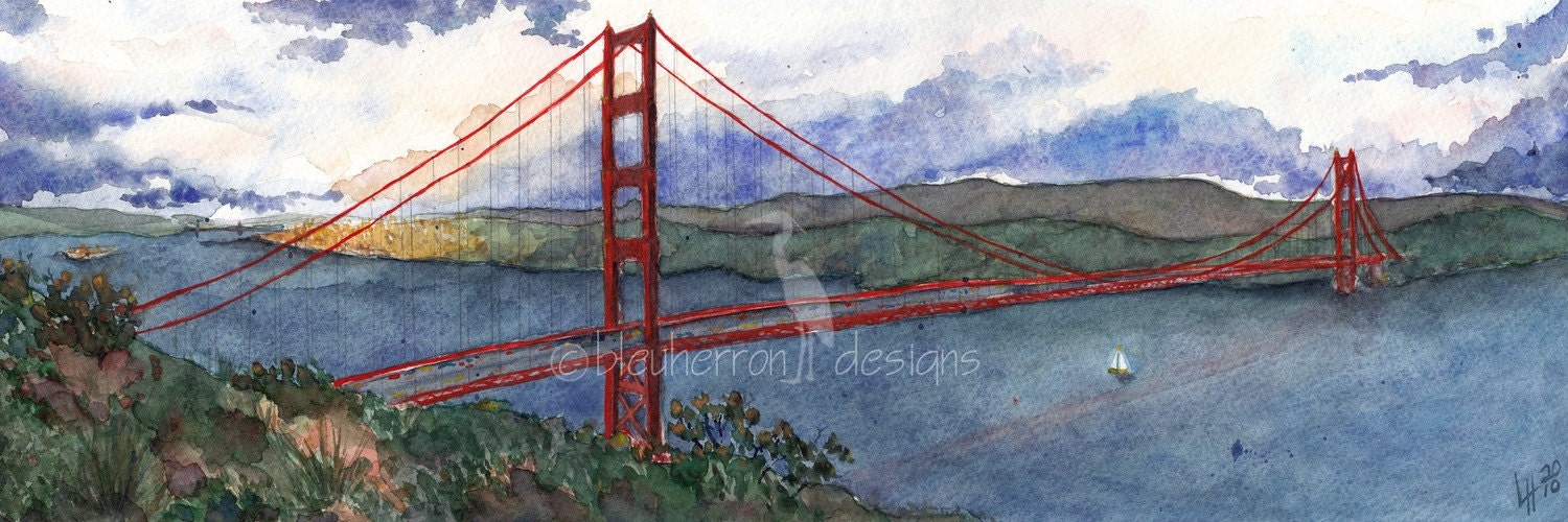 San Francisco painting- Golden Gate City- panorama 4x12 watercolor print