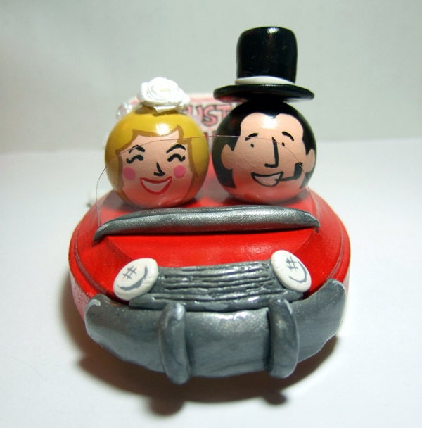 Wedding Cake Topper - Customizable Retro Bride & Groom in Convertible - Custom Made for You